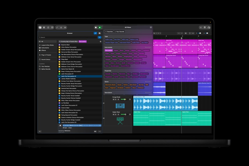 MacBook Pro shows a Logic Pro screen featuring the new Browser.