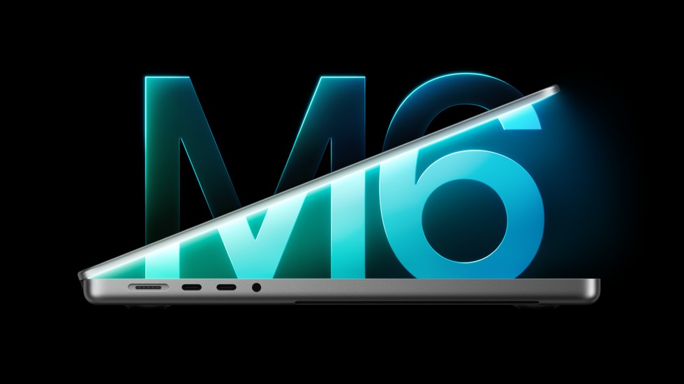 A side view of a partially open 14-inch MacBook Pro with M6 is set against a glowing M6 logo in the background.