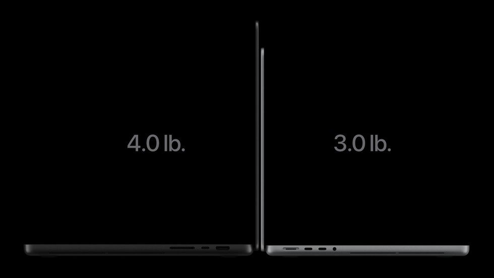 Two MacBook Pro with PROLED XDR Display devices are shown back to back from the side with the screen open. The model on the left has copy that reads “4.0 lb.,” while the model on the right has copy that reads “3.0 lb.”