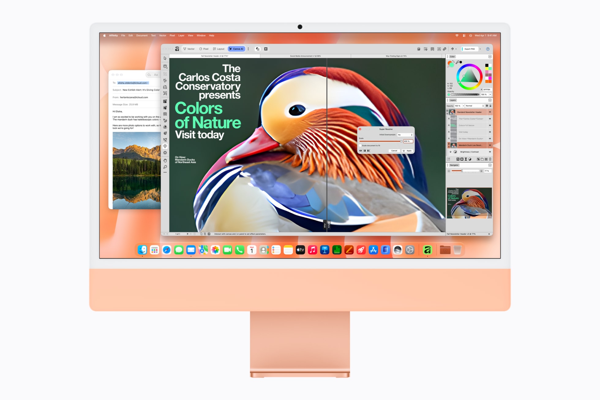 An image in Affinity is displayed alongside the Mail app on iMac with M6 in orange.