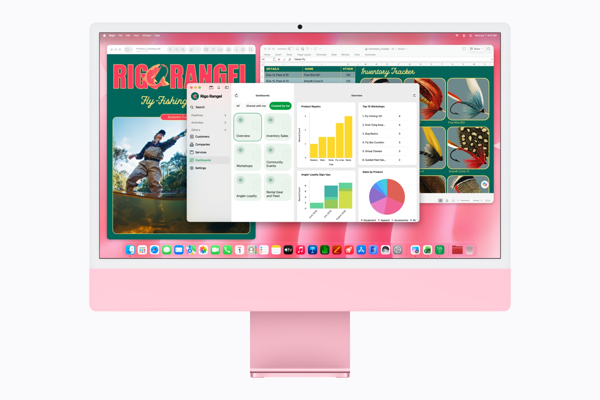 A product dashboard in Bigin by Zoho, an inventory tracker in Microsoft Excel, and a catalog PDF are displayed on iMac with M6 in pink.