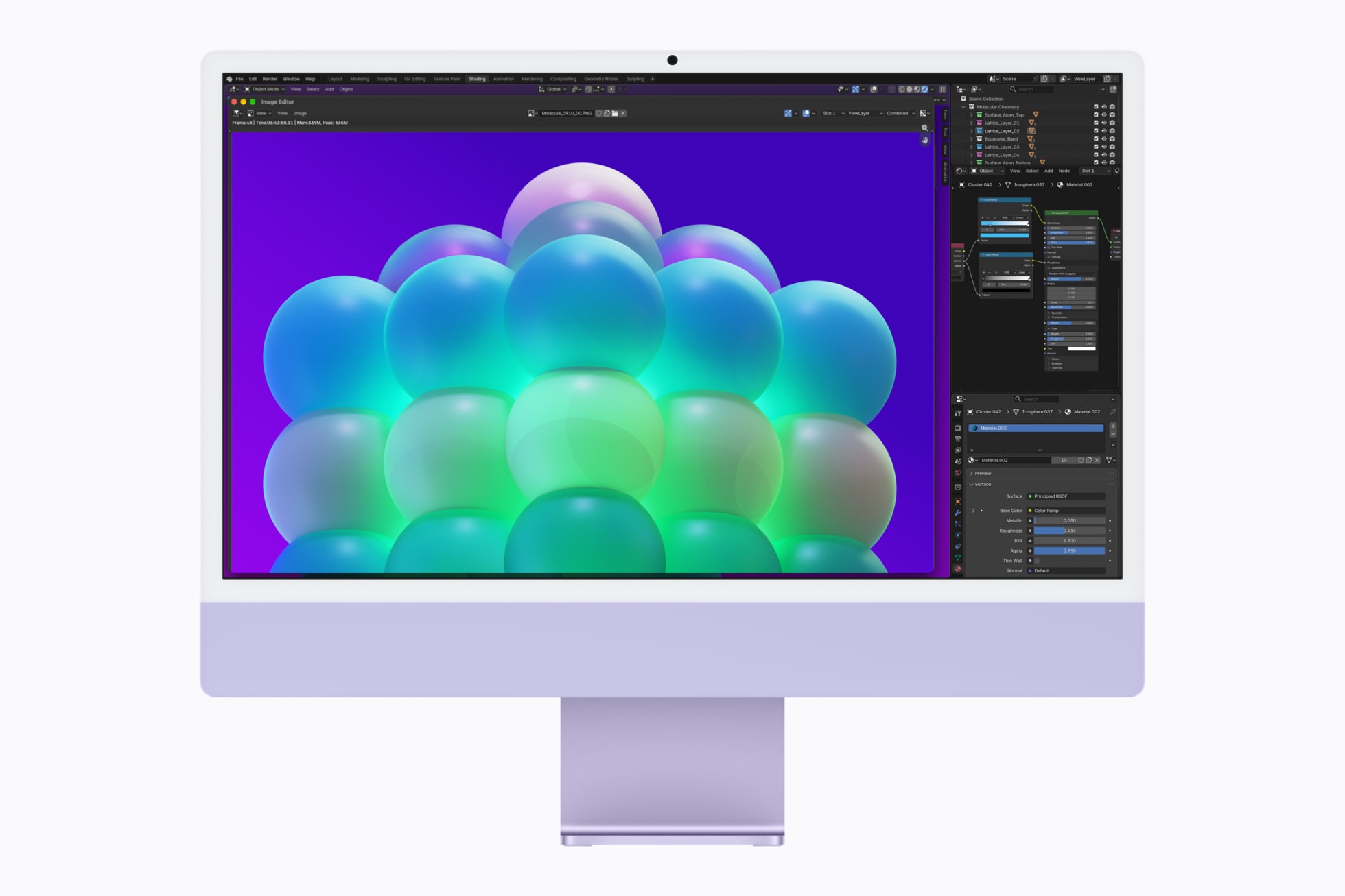 A project in Blender is displayed on iMac with M6 in purple.