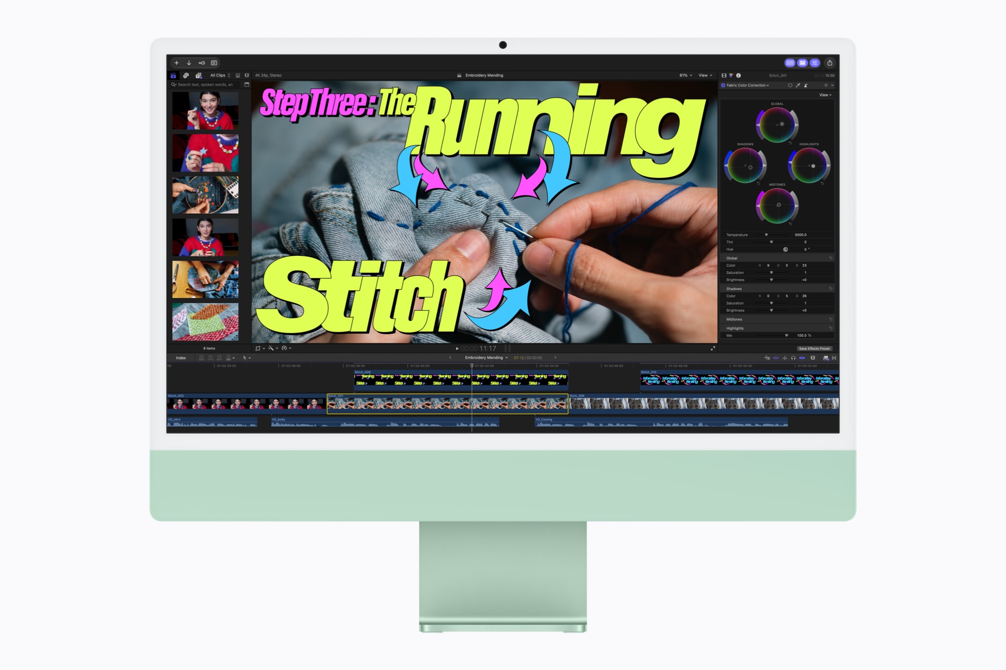 A project in Final Cut Pro is displayed on iMac with M6 in green.