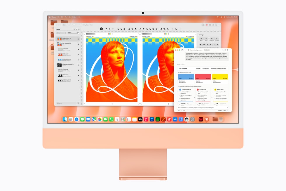The Claude app is displayed alongside Pixelmator Pro on iMac with M6 in orange.