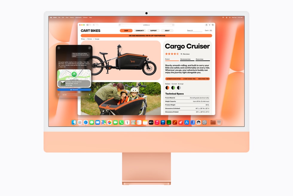 iMac with M6 in orange displays a product page in Safari where a user has employed Siri AI to ask a question.
