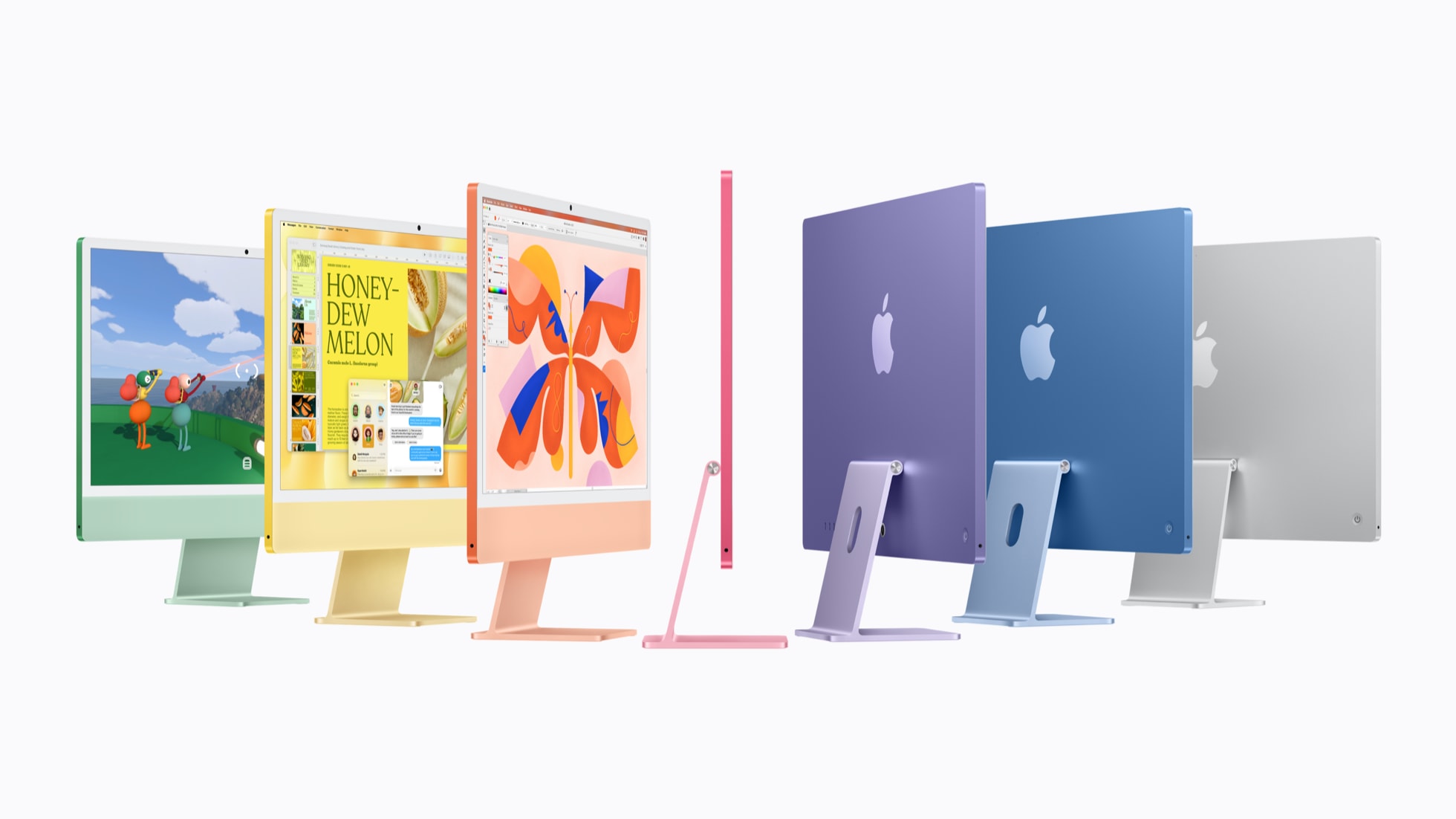 iMac with M6 is shown in green, yellow, orange, pink, purple, blue, and silver.