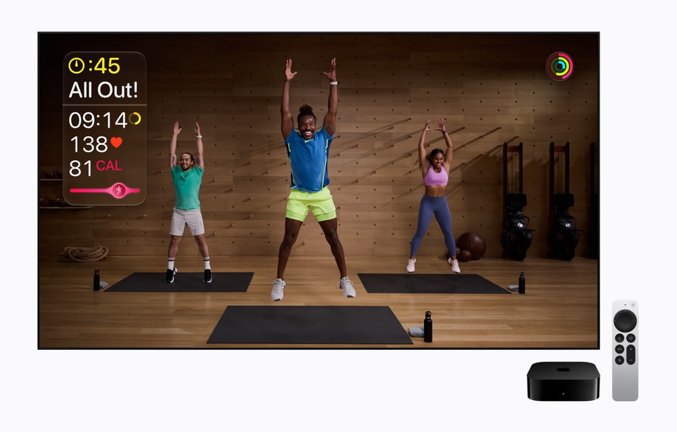 Apple TV 4K displays an Apple Fitness+ workout.