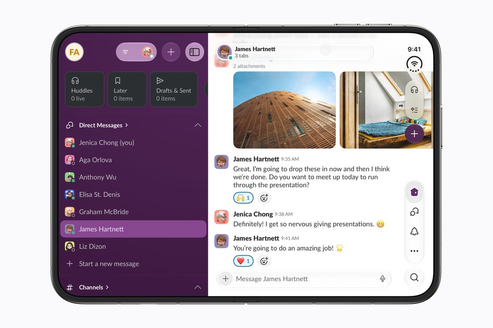 A fully flat open iPhone Duo shows the Slack app.