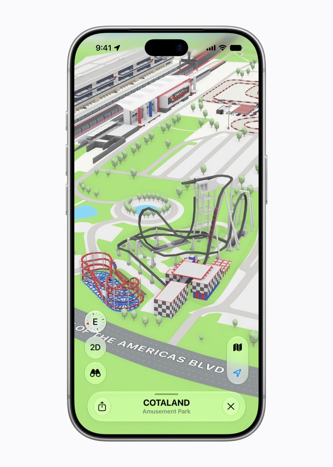 An iPhone screen shows an Apple Maps screen featuring the COTALAND Theme Park.