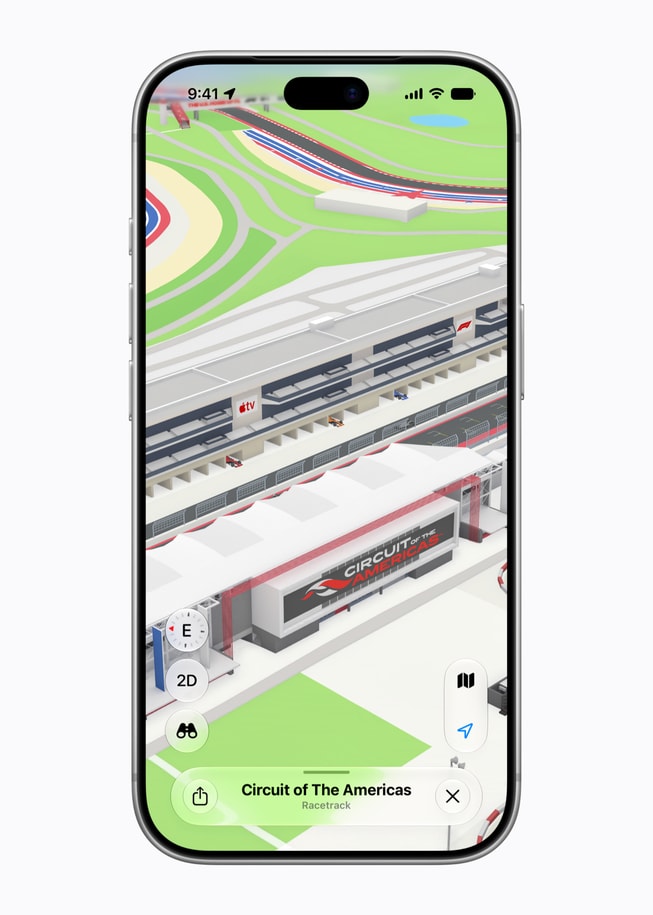 An iPhone screen shows an Apple Maps screen featuring the Circuit of The Americas.