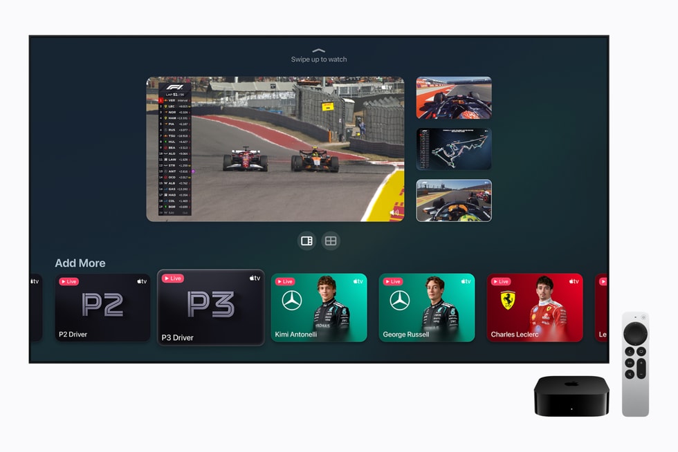 The Apple TV Multiview experience is shown during an F1 race, with the option to add more driver feeds.