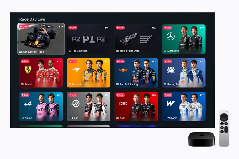 Apple TV shows the Race Day Live experience, featuring feeds of the top 3 drivers, a course tracker and data, and team feeds.