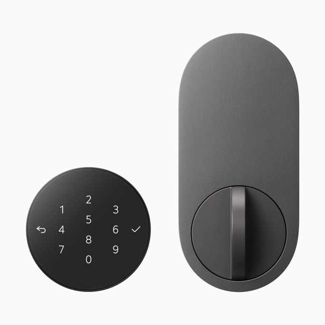 The exterior keypad and interior lock mechanism of LG’s Smart Deadbolt Lock, shown in Essence Graphite.