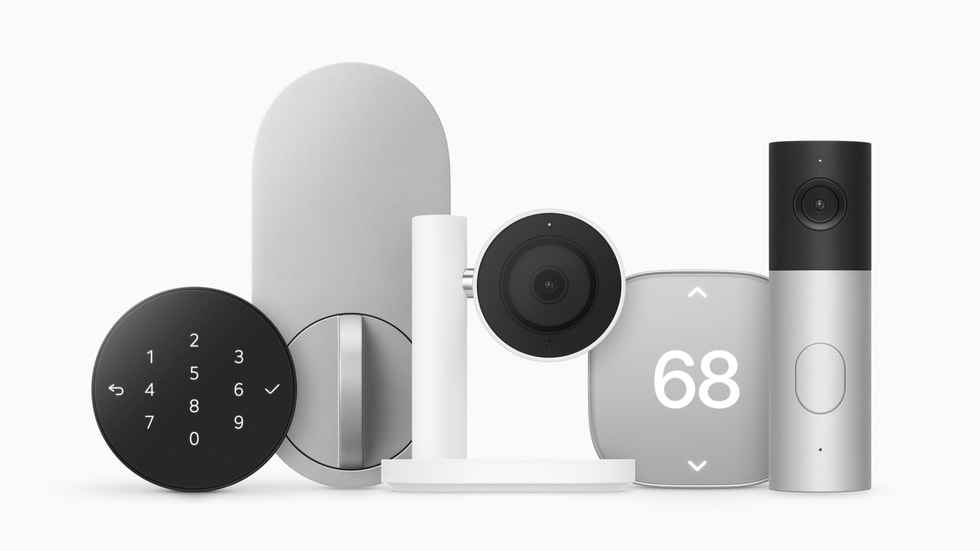 A showcase of Apple Home Collection accessories include the doorbell pad and interior lock mechanism of LG Electronics’ Smart Deadbolt Lock, LG’s Indoor Cam, and LG’s Video Doorbell, along with Schneider Electric’s Smart Thermostat.