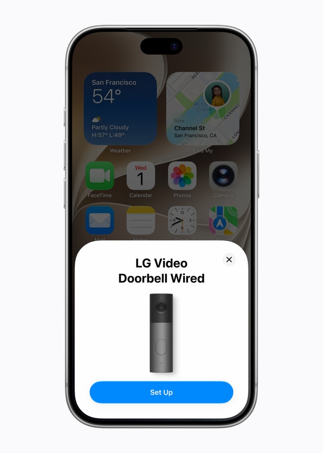 A silver iPhone 18 Pro shows a Home app screen for LG Video Doorbell Wired, with a Set Up button at the bottom.