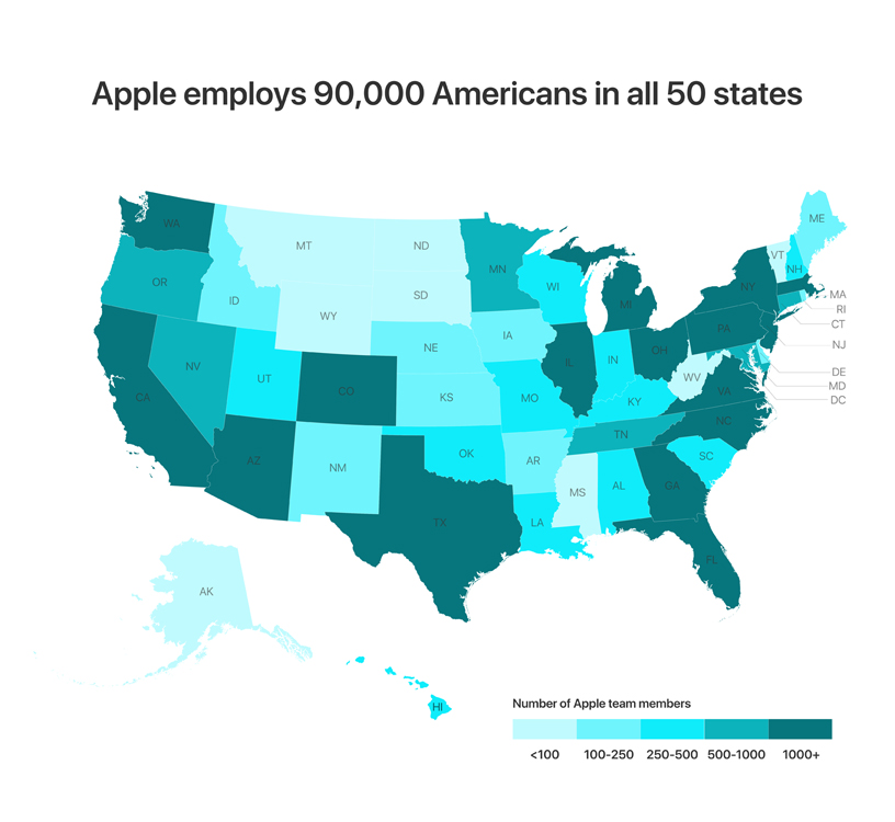Map of the US showing number of employees per state.