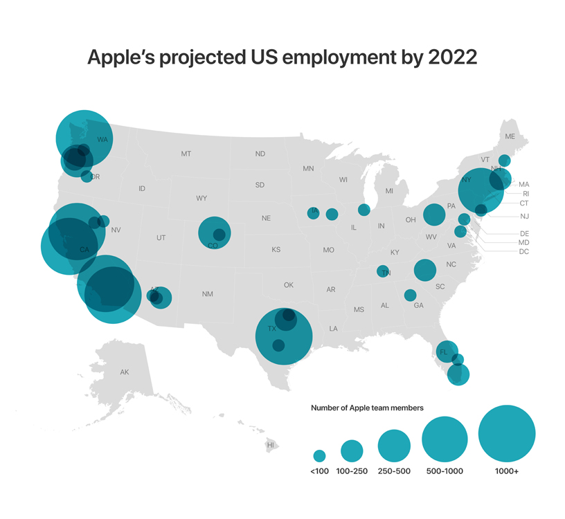 Map of the US showing number of Apple team members at Apple office locations.