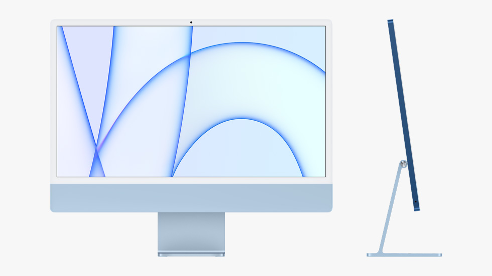 Front and side view of the all-new iMac in blue.