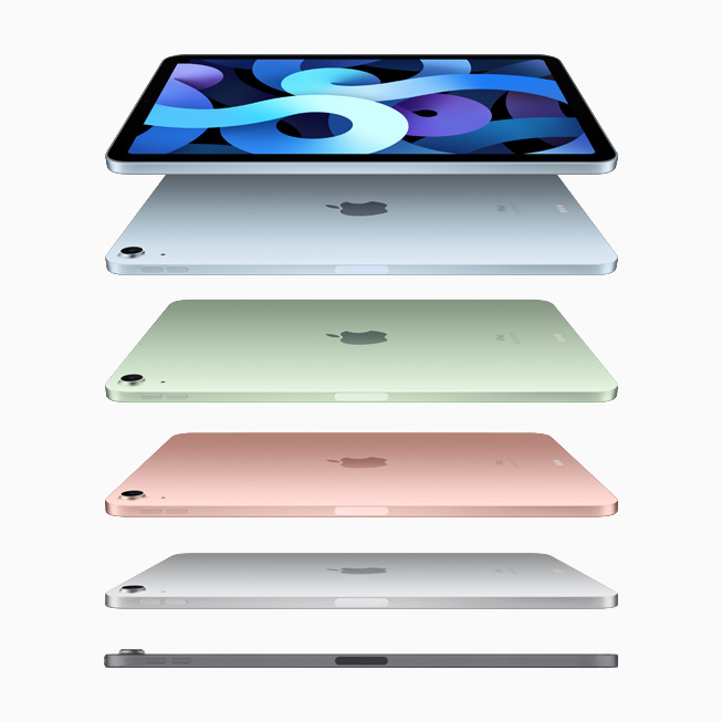 A family shot of the new iPad Air in sky blue, green, rose gold, silver, and space gray.