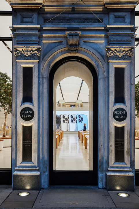 Front entrance of Apple Regent Street with the new iPhone 13 models on display.