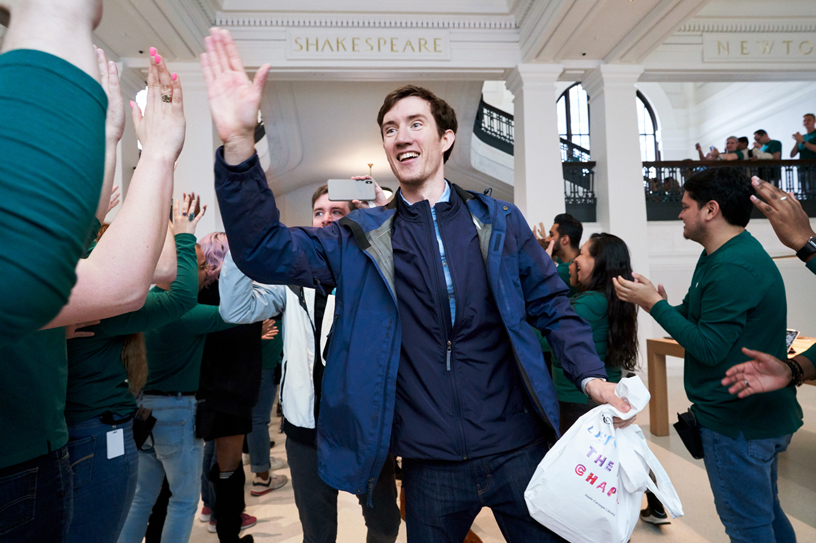 Customer arriving at Apple Carnegie Library.