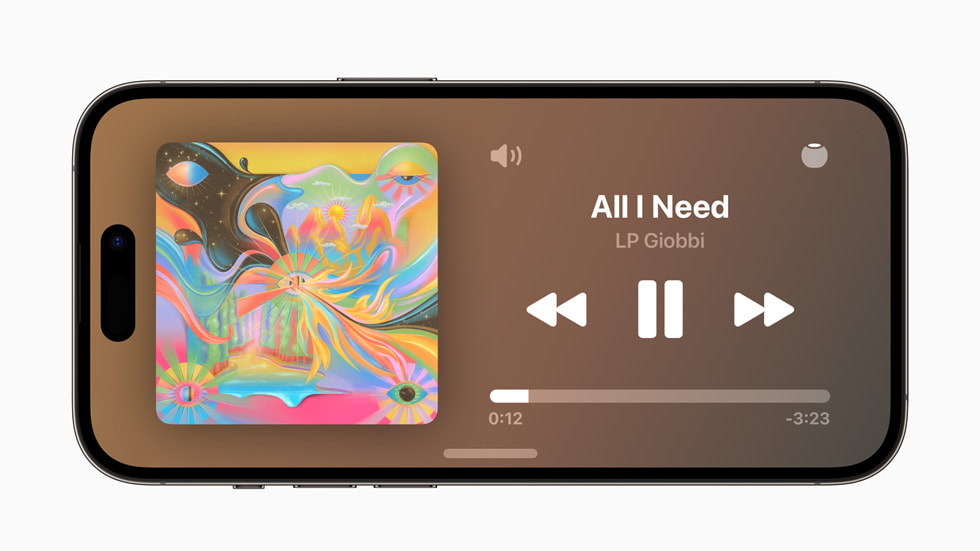 In iOS 17 on iPhone 14 Pro, the StandBy experience shows a song titled “All I Need” by LP Giobbi playing.
