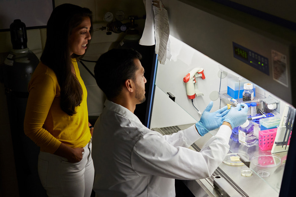 Kayla Rodriguez Graff and Isaac Rodriguez, co-founders of SweetBio, working in a lab.