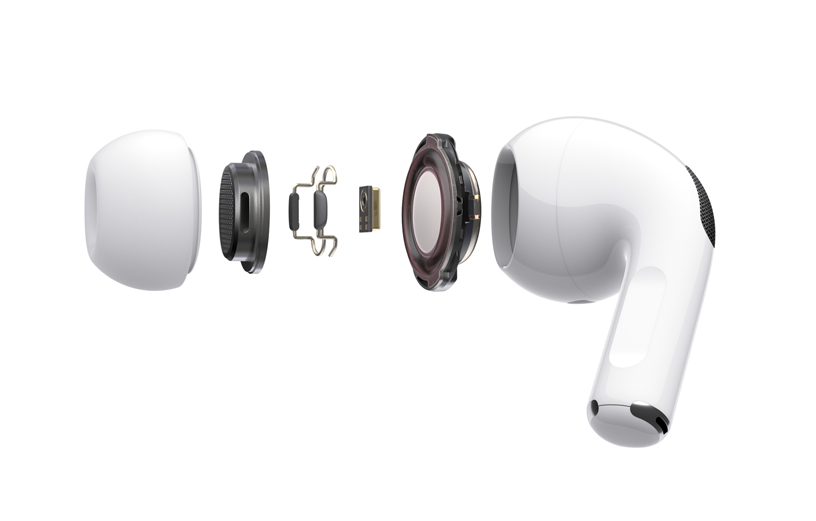A deconstructed view of the components of AirPods Pro.