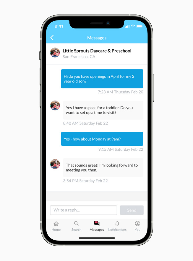 A message thread with a San Francisco childcare provider in the Winnie app on iPhone.
