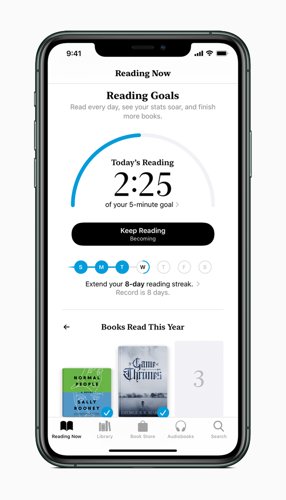 The new Reading Goals tab on Apple Books, displayed on iPhone 11 Pro.