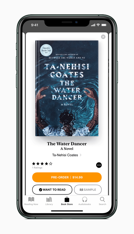The Water Dancer Apple Books pre-order screen in Apple Books on iPhone 11 Pro.