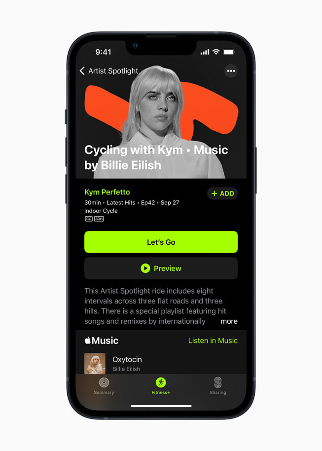 Apple Fitness+ Artist Spotlight series featuring music by Billie Eilish on iPhone 13 Pro.