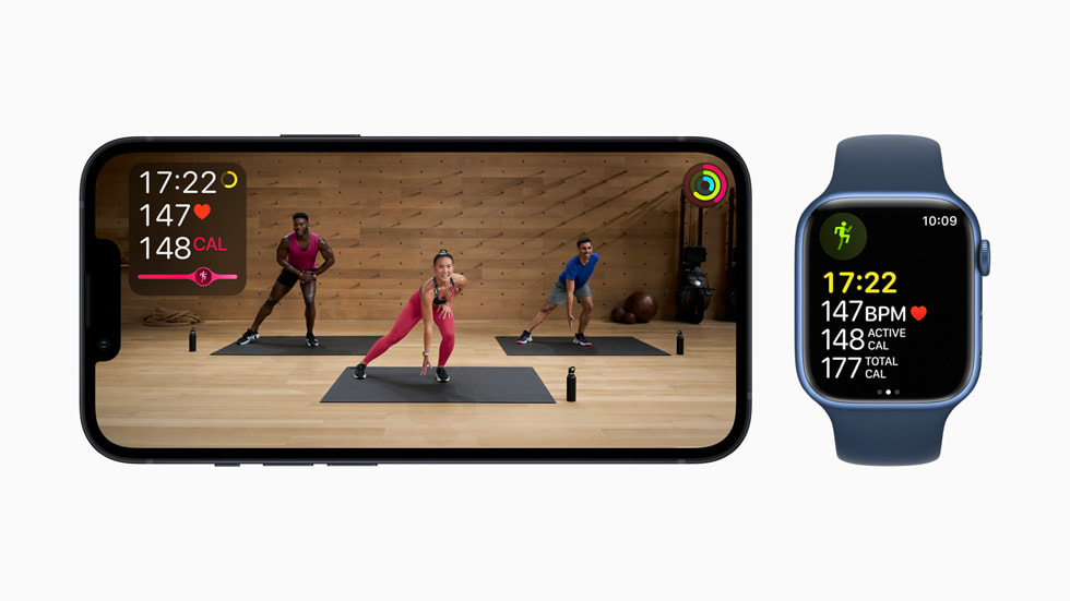 Apple Fitness+ displaying key metrics during a workout on iPhone 13 Pro and Apple Watch Series 7.