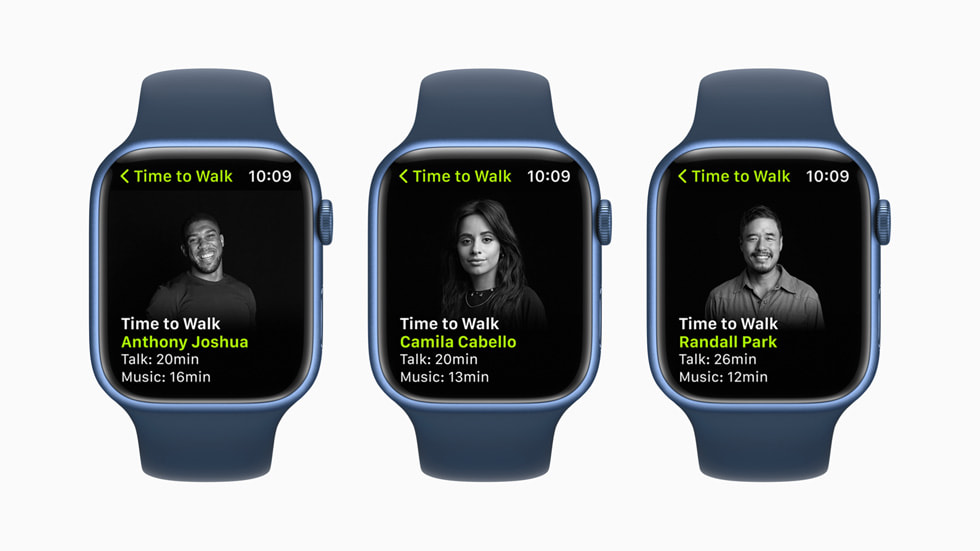 Time to Walk episodes featuring Anthony Joshua, Camila Cabello, and Randall Park across three Apple Watch Series 7 devices.