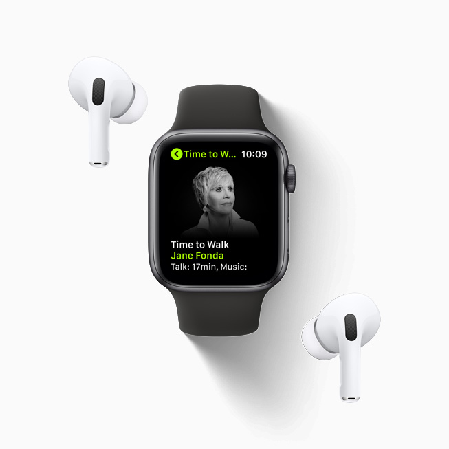 Time to Walk with Jane Fonda, displayed on Apple Watch Series 6 paired with AirPod Pros.