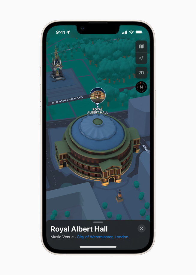 iPhone displays a 3D map of Royal Albert Hall in London in Apple Maps in iOS 15.