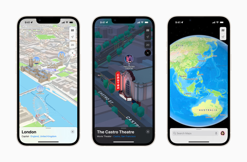iPhone screens show the three-dimensional city experience in Apple Maps in iOS 15.