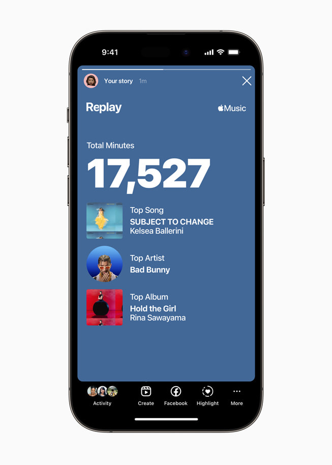 A user’s Replay summary in Apple Music is shown on iPhone.