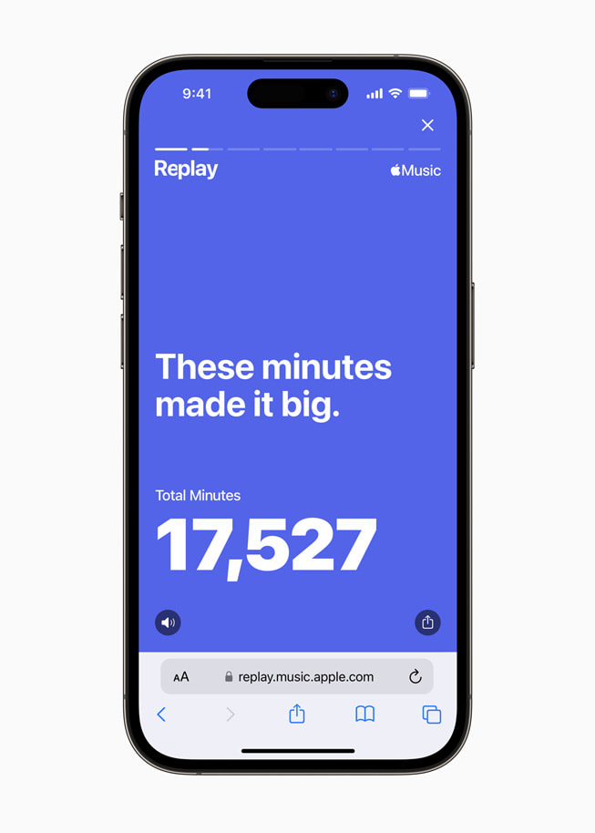 A user’s total listening time in Apple Music is shown in Replay on iPhone.
