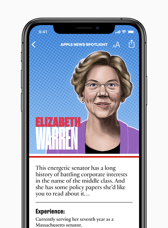 Elizabeth Warren candidate page on Apple News.