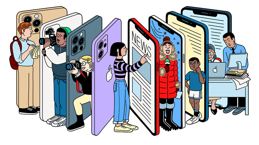 An illustration of iPhone 12 Pro and journalists.