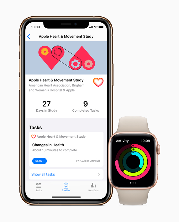 iPhone showing the Apple Heart and Movement Study and Apple Watch showing Activity rings.