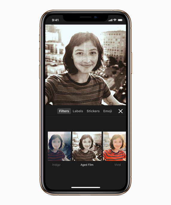 The Clips editing screen showcasing the new real-time filter feature.