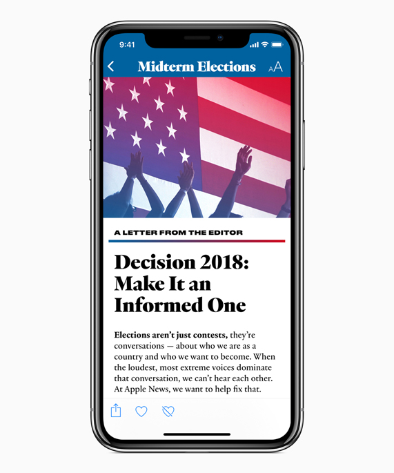 iPhone X showing A Letter from the Editor in Apple News’ Midterm Elections section.
