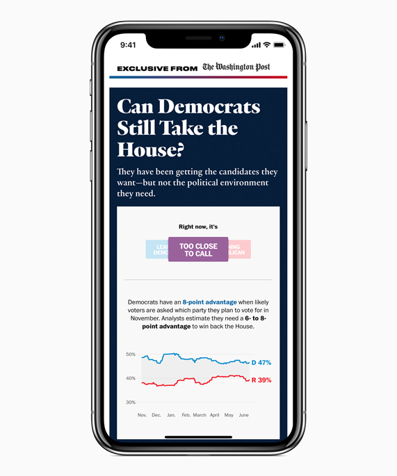 iPhone X showing a Washington Post article on Apple News.
