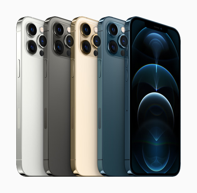 Five models of iPhone 12 Pro Max show off available colors, the pro camera system, and the edge-to-edge Super Retina XDR display.