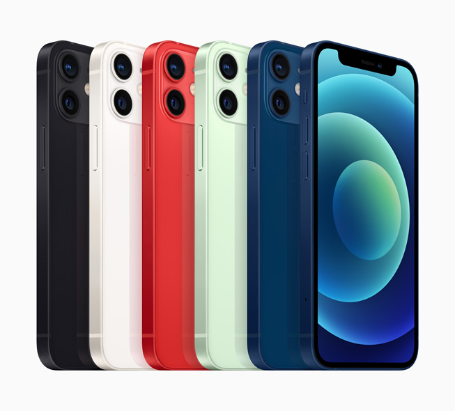 Six models of iPhone 12 mini show off available colours, the dual-camera system, and the edge-to-edge Super Retina XDR display. 