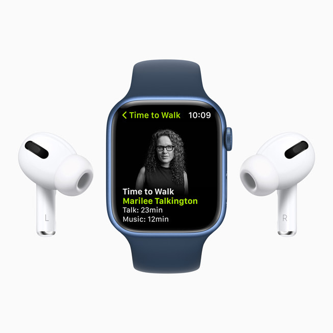 A Time to Walk episode with Marilee Talkington displayed on Apple Watch Series 7 with AirPods Pro.