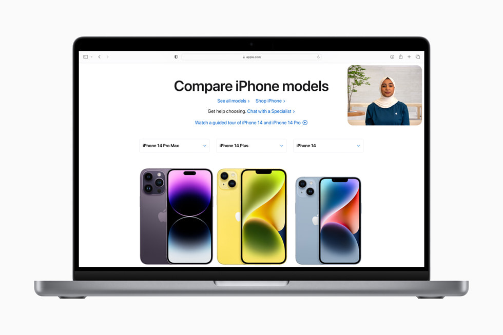 The Shop with a Specialist over Video experience is shown over an [apple.com] (https://ednew.pages.dev) page reading “Compare iPhone models” and showing iPhone 14 Pro Max, iPhone 14 Plus, and iPhone 14.