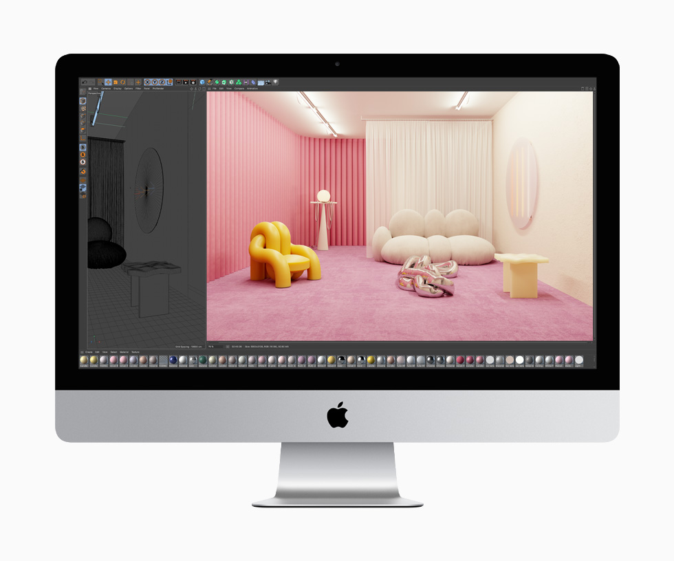 Created using Cinema 4D, two images, one of a sketch of a furnished room and the other a full-color rendering of that same room, show off the rich graphics capabilities of the 27-inch iMac. 